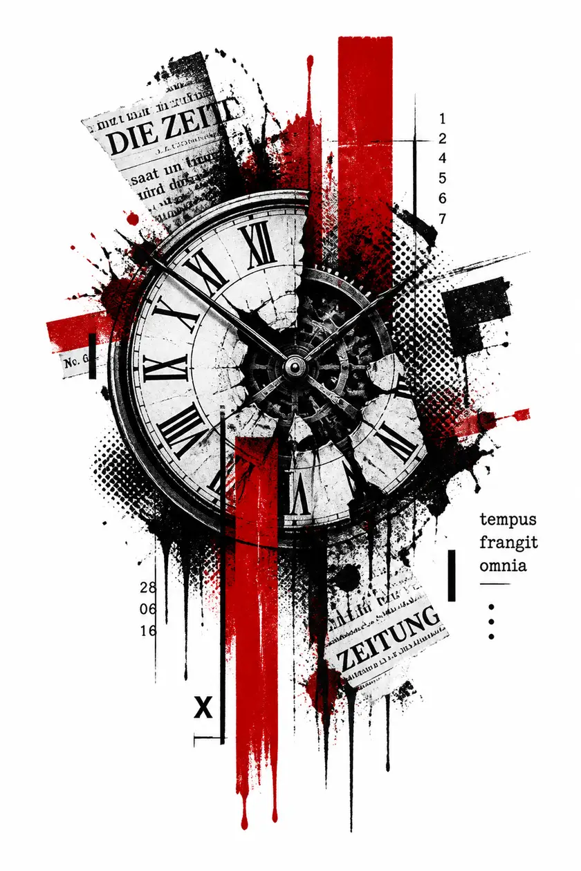 Ejemplo de tatuaje trash polka con IA: Reloj Fragmentos