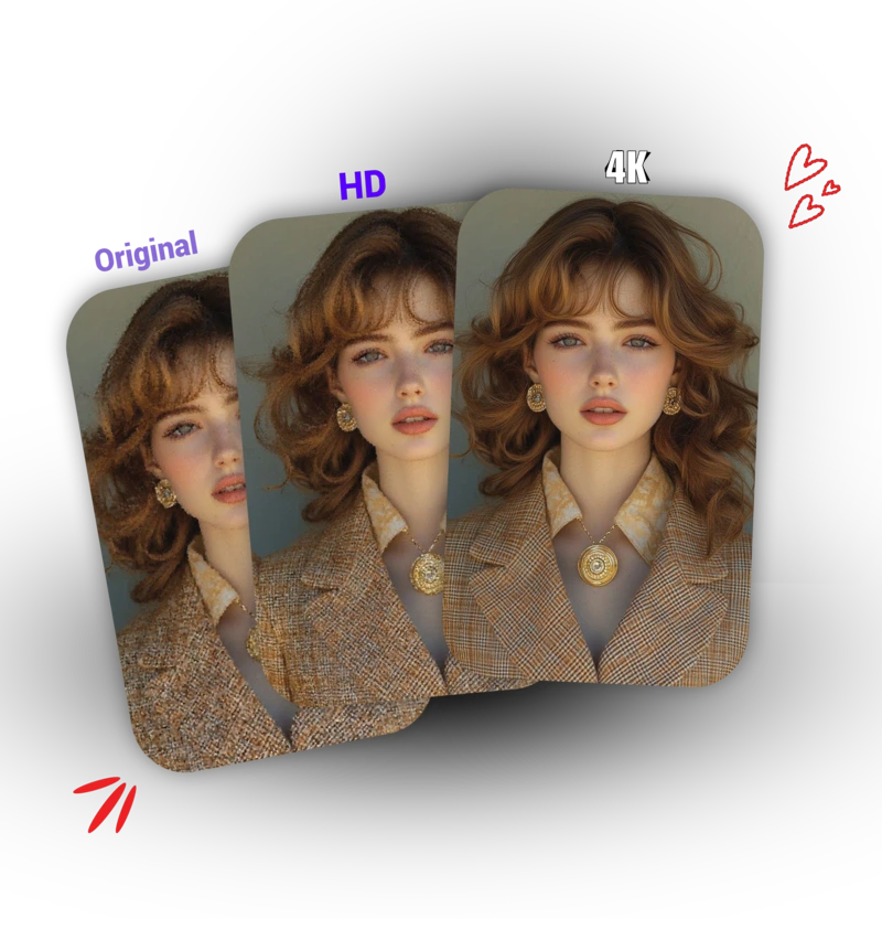 AI image upscaler demonstrating resolution enhancement from low quality to 4K