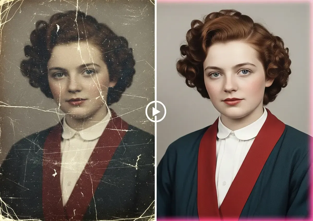 Photo restoration AI showing dramatic before and after comparison of damaged vintage photograph repair